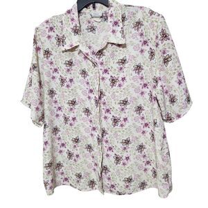 Classic Collection Shirt For Women 1X White Floral Hidden Buttons Lightweight